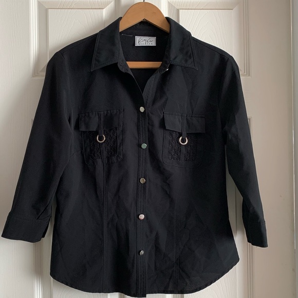 Cathy Che Stretch Black Button Down Blouse Size M-L - Picture 13 of 15